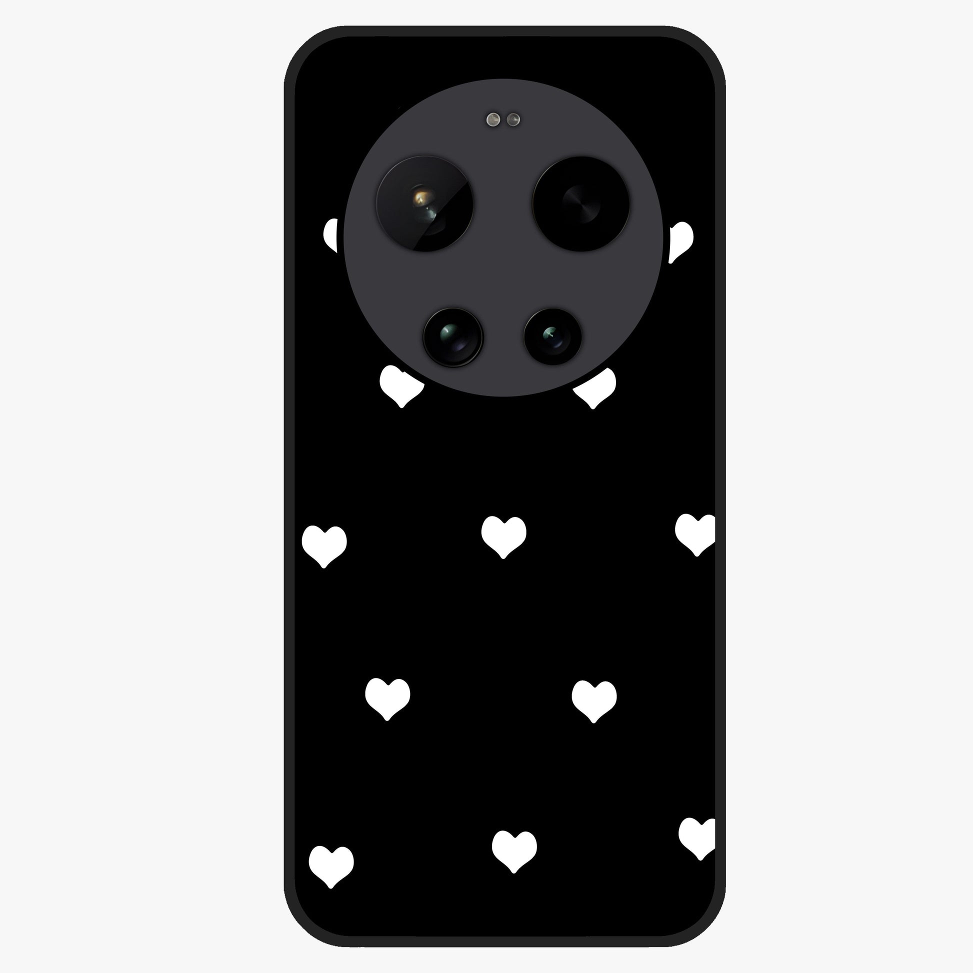 Cute And Simple White Hearts Glass Case showing flat back view with minimal white heart pattern and glossy glass finish.
