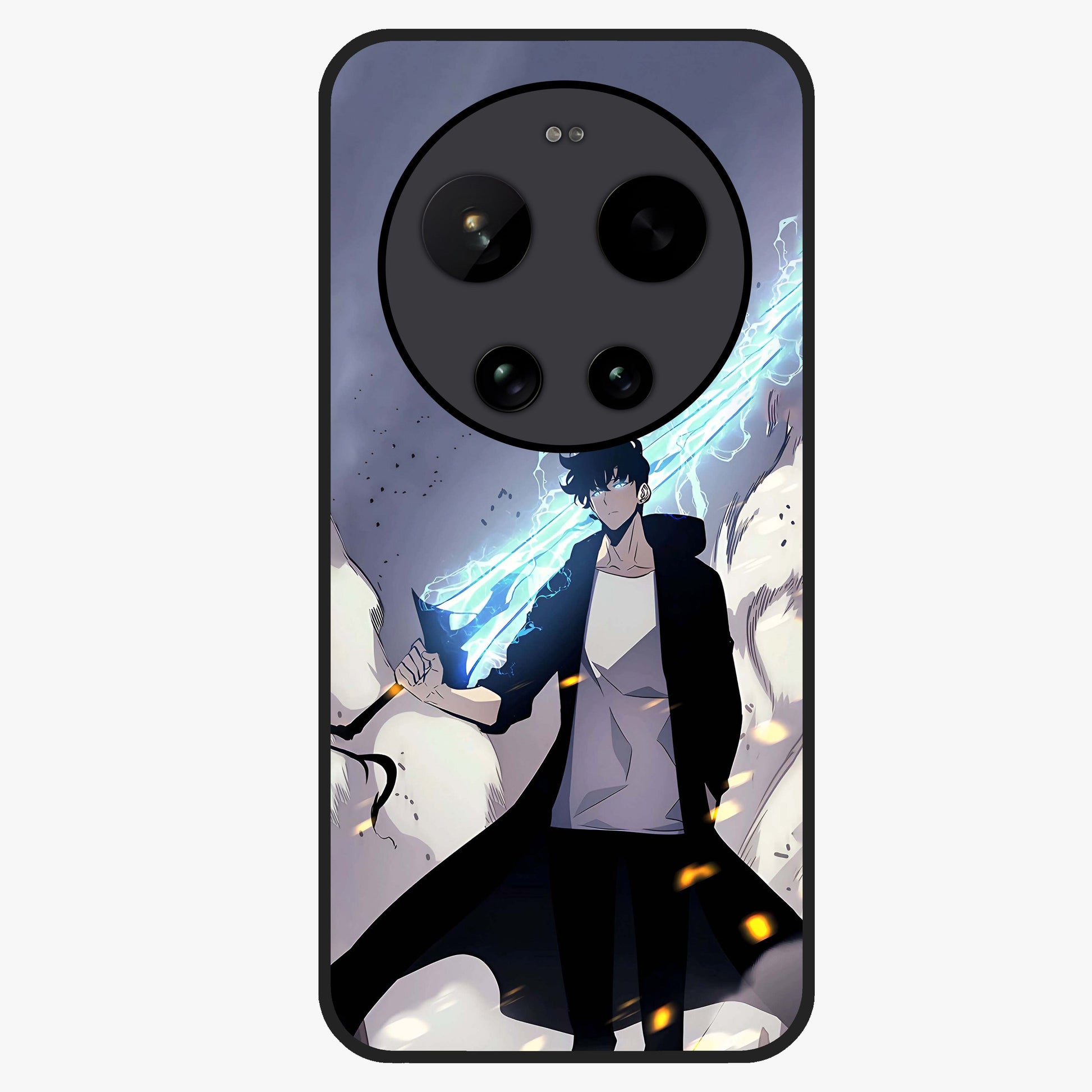 Dark Lightning Anime Warrior Glass Case showing flat back view with intense anime warrior artwork and glossy glass finish.