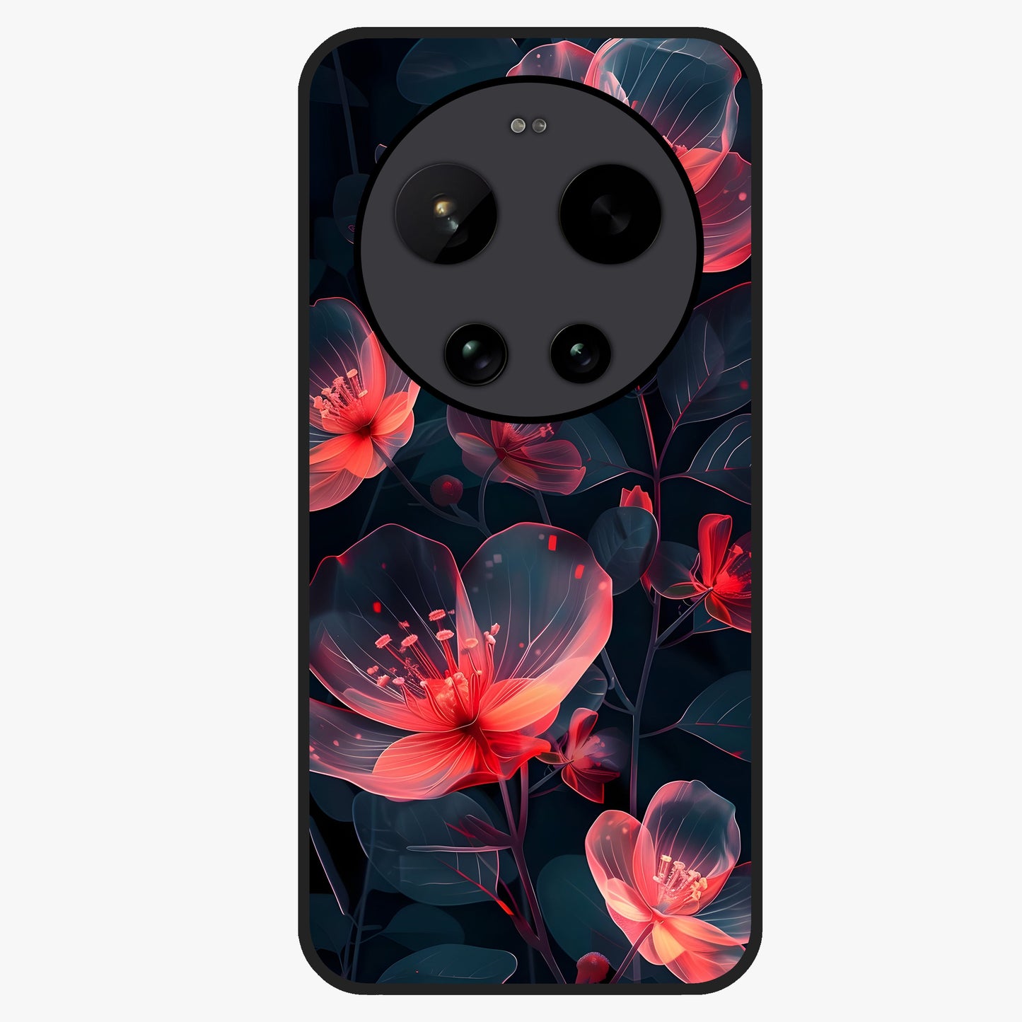 Dark Shade of Flower Glass Case showing flat back view with elegant dark floral artwork and glossy glass finish.