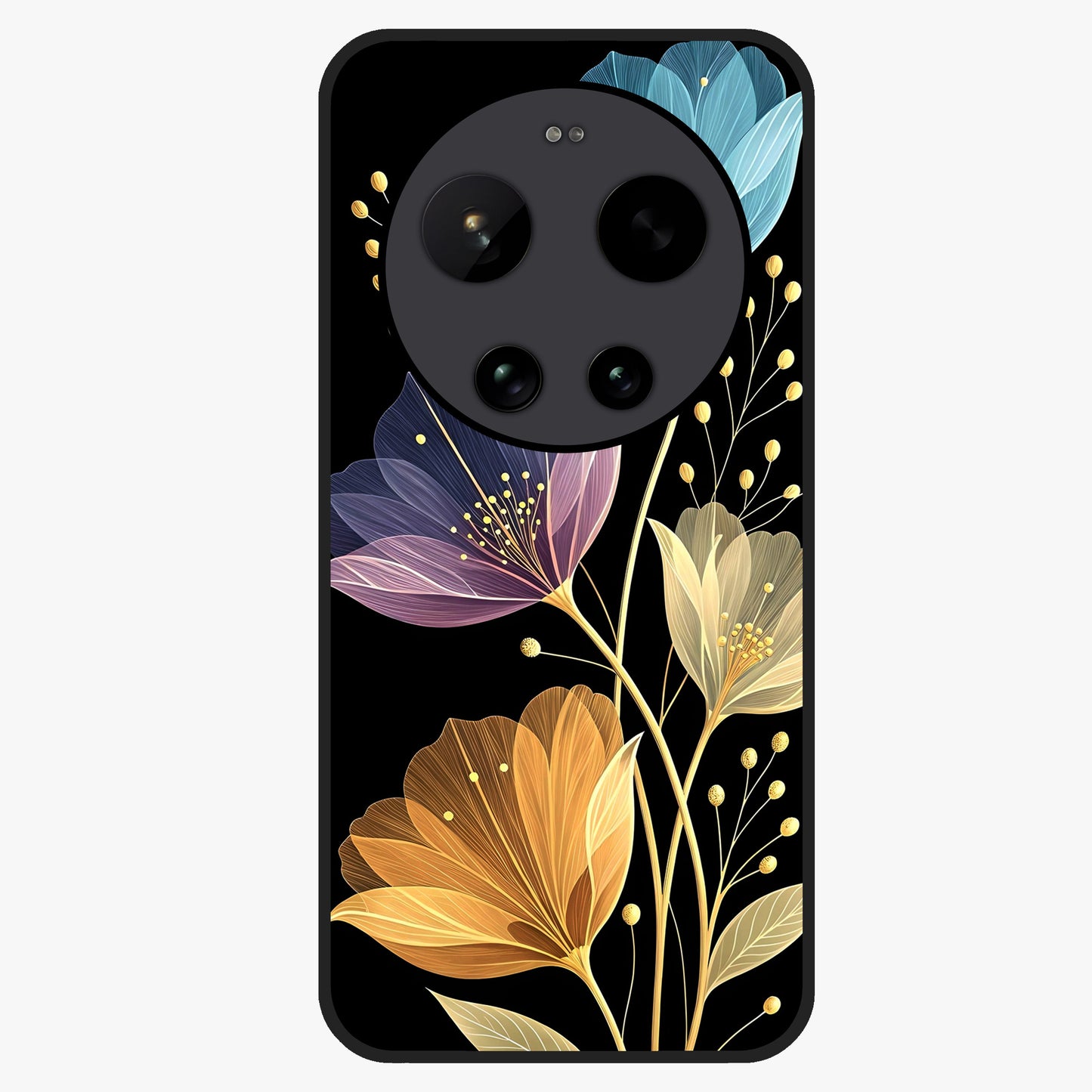 Delicate Multicolor Flowers Glass Case showing flat back view with vibrant floral artwork and glossy glass finish.