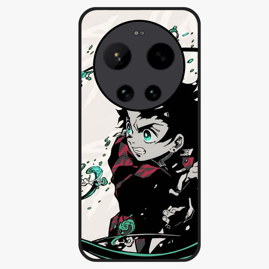 Demon Slayer Glass Case showing flat back view with bold anime inspired artwork and glossy glass finish.
