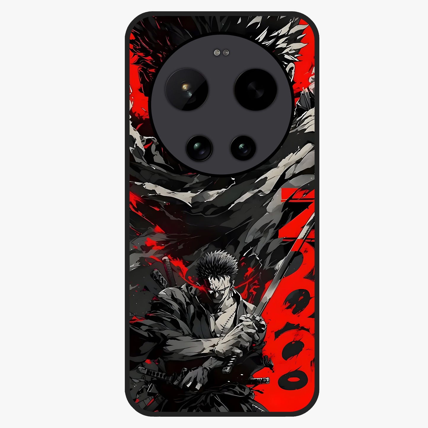 Demon Sword Resolve Glass Case showing flat back view with fierce sword warrior artwork and glossy glass finish.