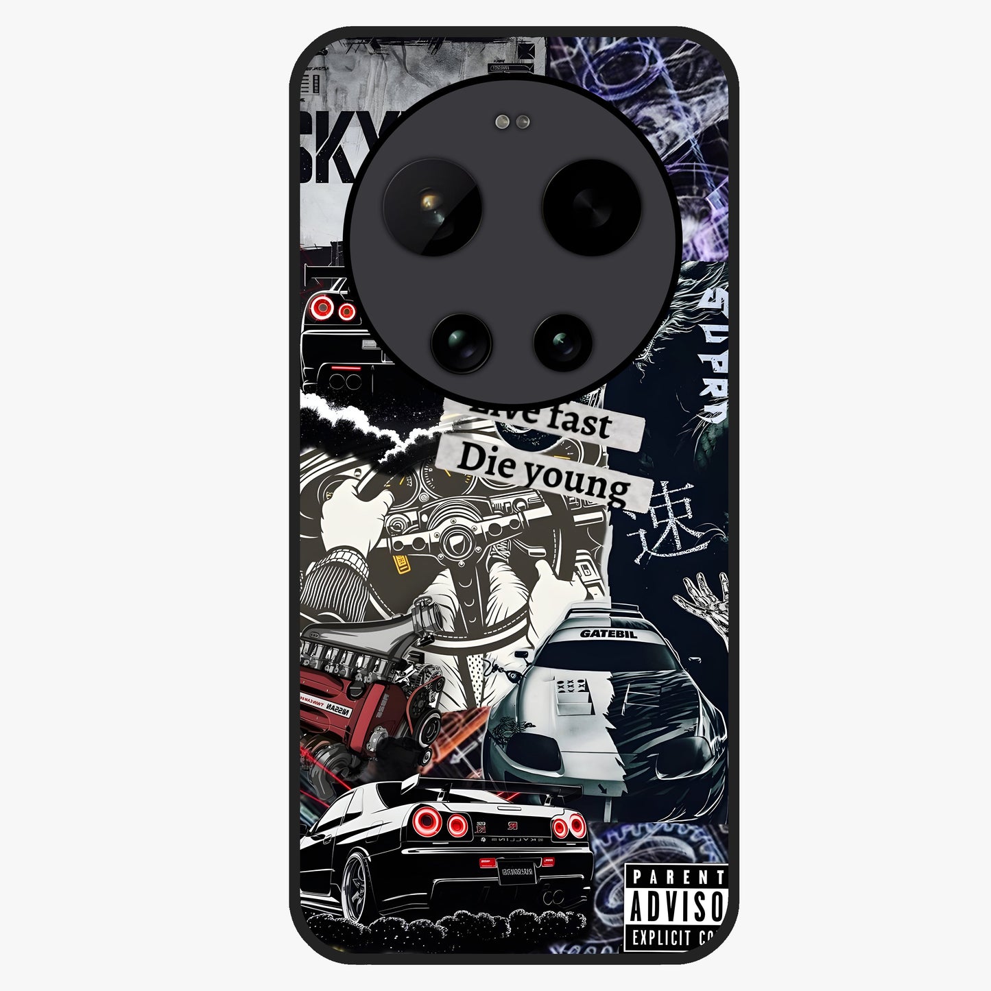 Die Young Glass Case showing flat back view with bold artistic typography design and glossy glass finish.