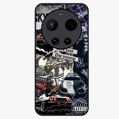 Die Young Glass Case showing flat back view with bold artistic typography design and glossy glass finish.