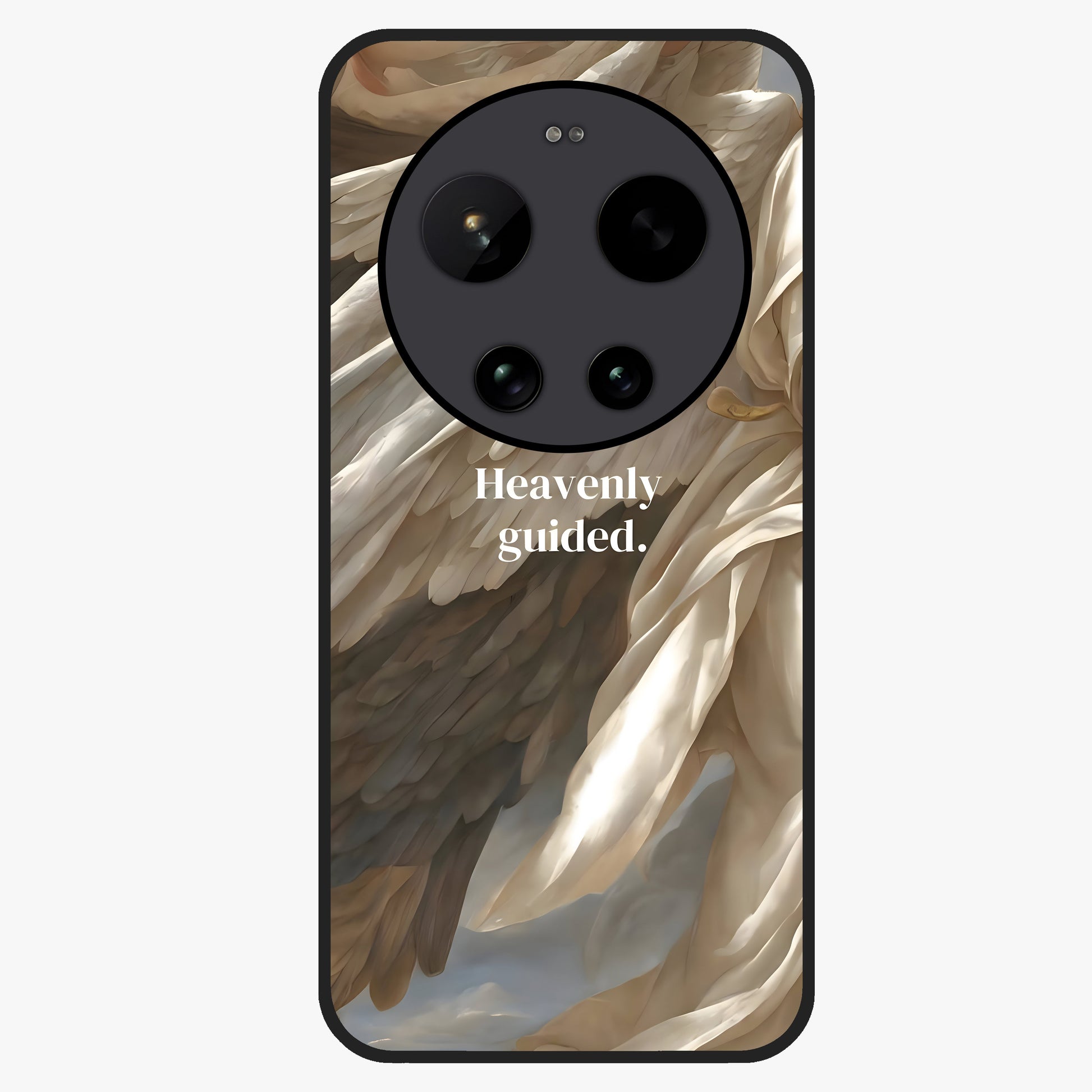 Divine Winged Grace Glass Case showing flat back view with elegant wing inspired artwork and glossy glass finish.