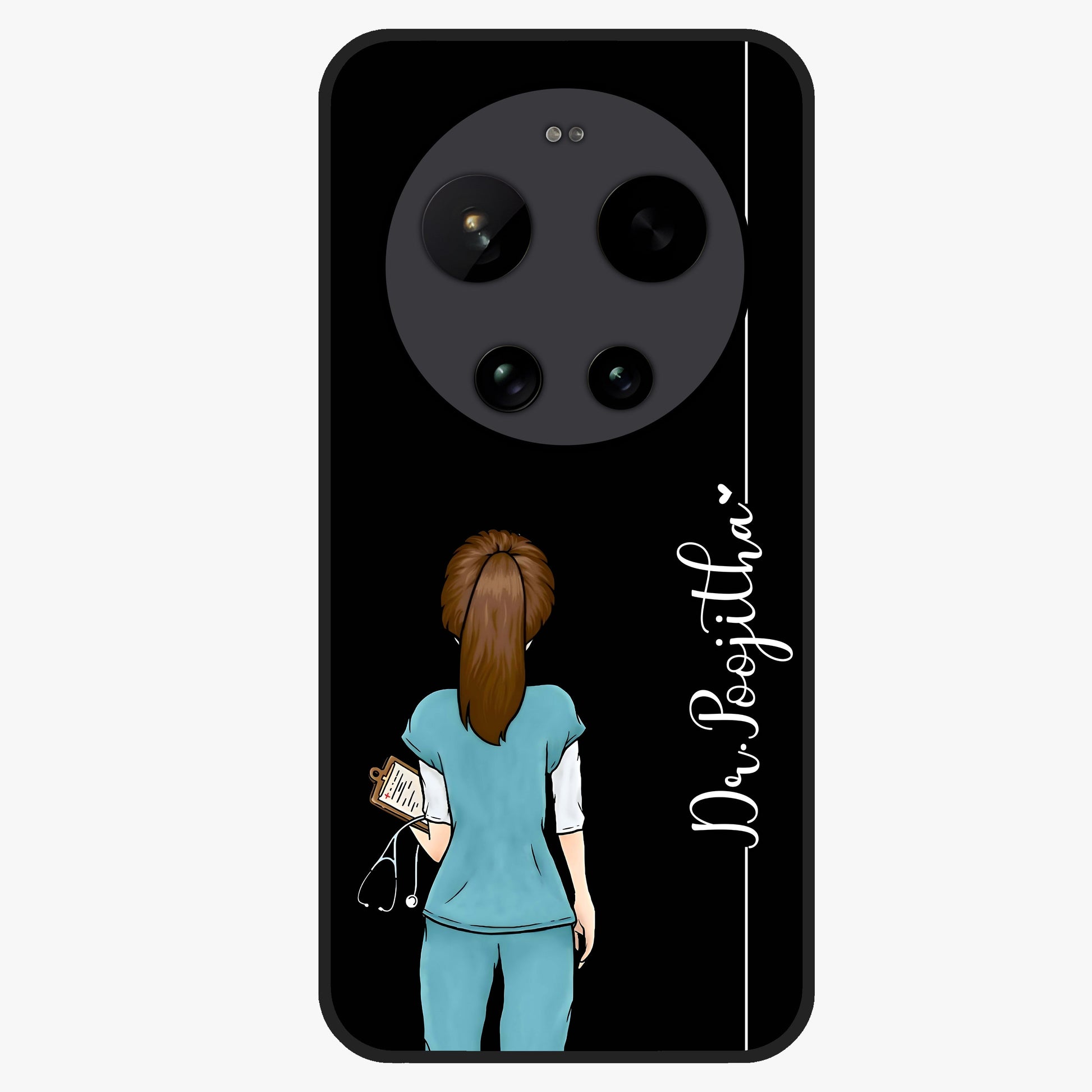 Doctor Pattern Custom Name Glass Case showing flat back view with medical themed pattern and personalized name design.