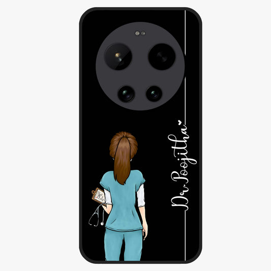 Doctor Pattern Custom Name Glass Case showing flat back view with medical themed pattern and personalized name design.