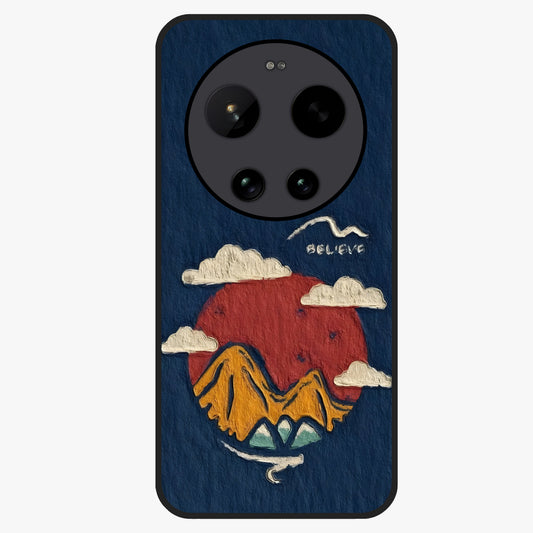 Dream Beyond Mountains Glass Case showing flat back view with scenic mountain landscape artwork and glossy glass finish.