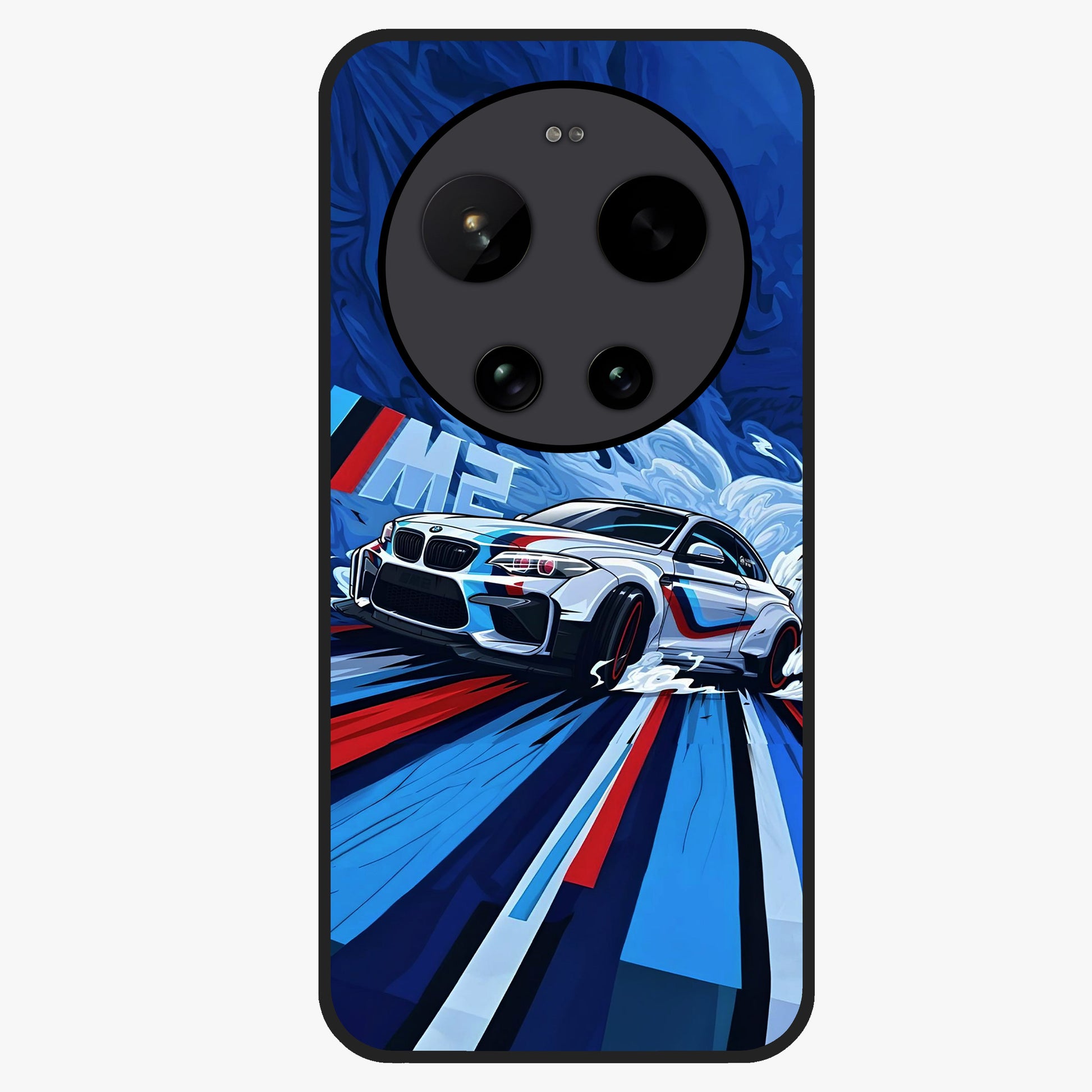 Drift Power Rush Glass Case showing flat back view with dynamic racing inspired artwork and glossy glass finish.