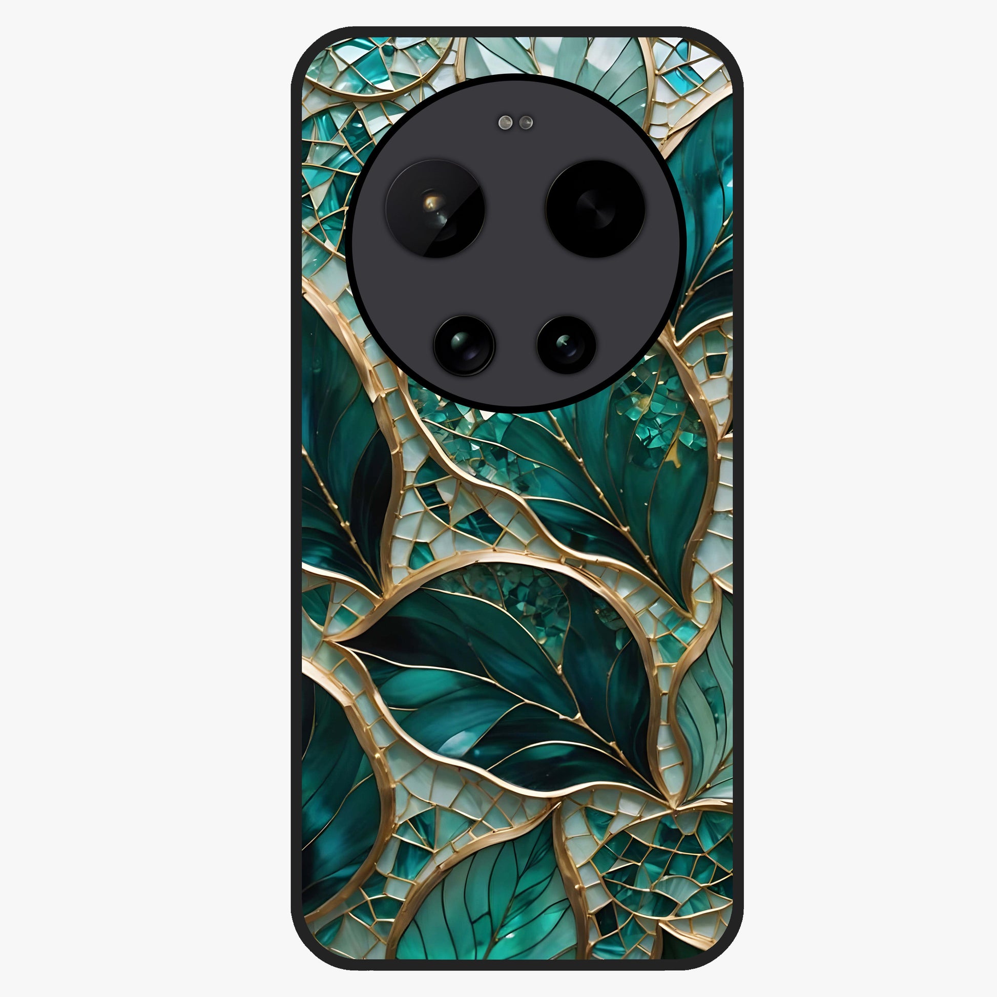 Emerald Leaf Glass Glass Case showing flat back view with emerald green leaf artwork and glossy glass finish.