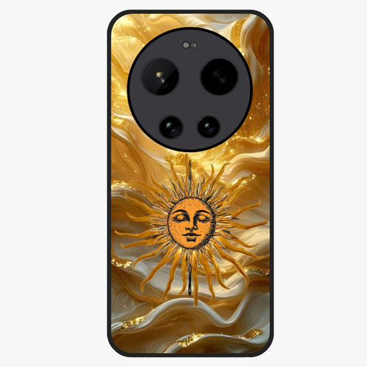 Eternal Golden Glow Glass Case showing flat back view with radiant golden themed artwork and glossy glass finish.