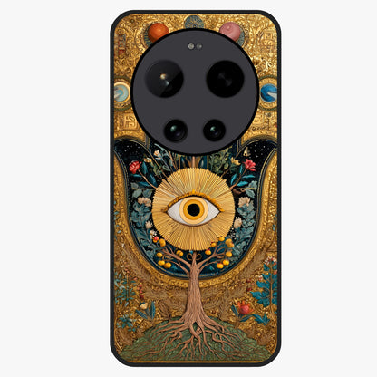 Ethereal Evil Eye Glass Case showing flat back view with mystical evil eye artwork and glossy glass finish.