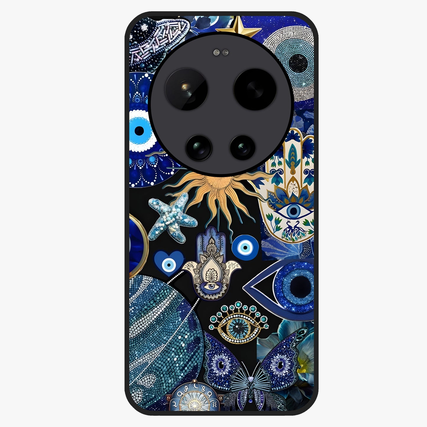 Evil Eye Charm Mix Glass Case showing flat back view with multiple evil eye charms artwork and glossy glass finish.