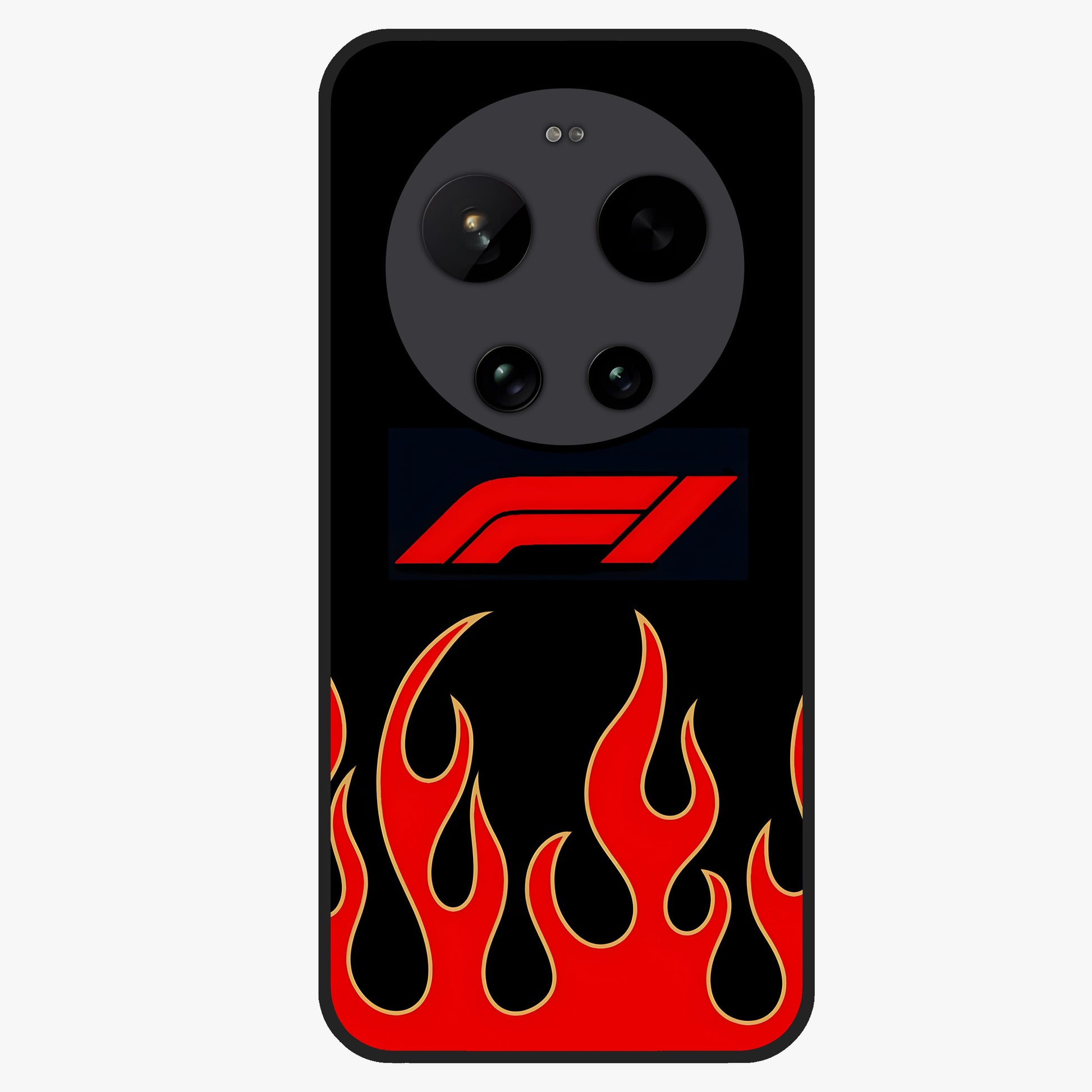 Fire F11 Glass Case showing flat back view with fiery themed artwork and glossy glass finish.
