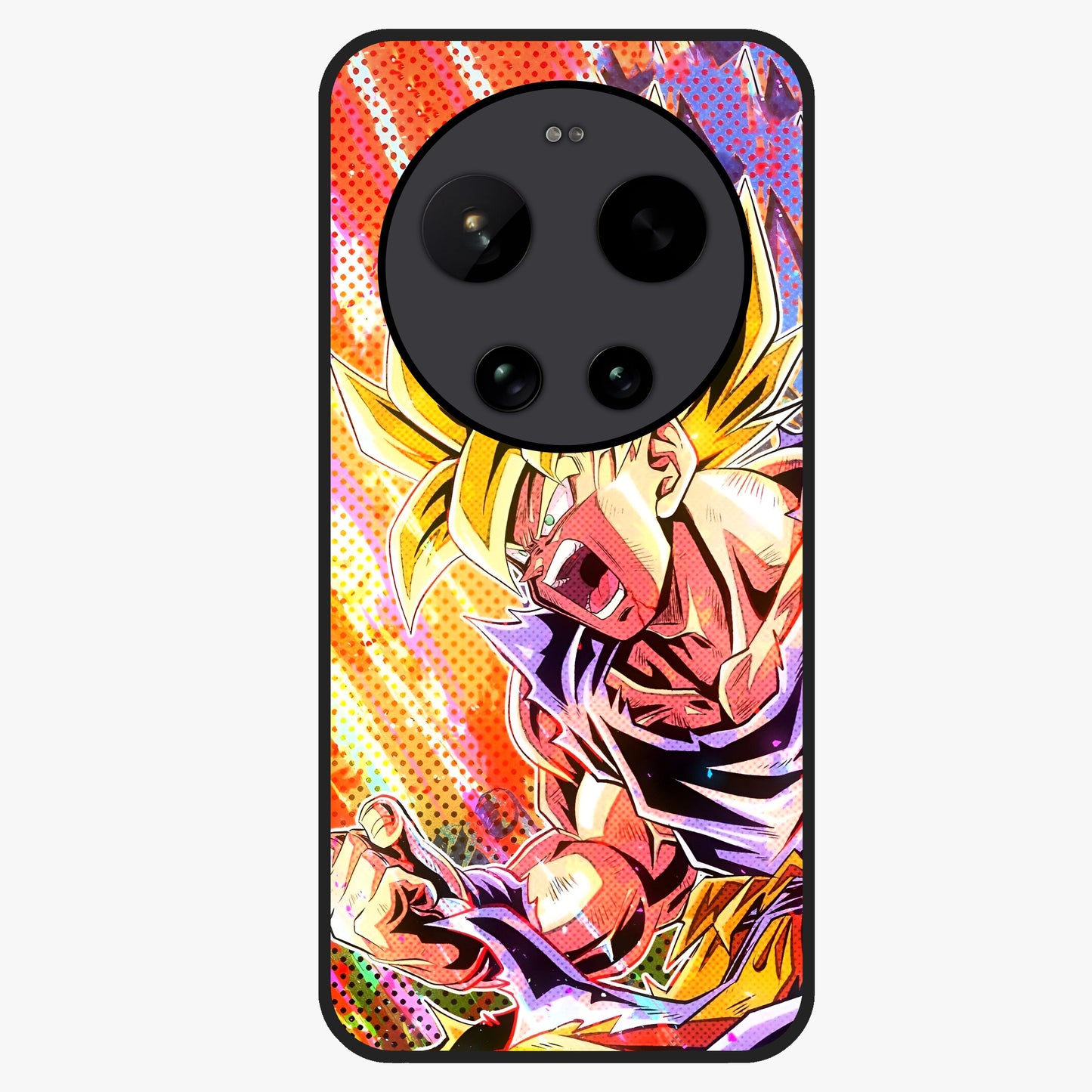 Firing Goku Glass Case showing flat back view with powerful anime inspired artwork and glossy glass finish.