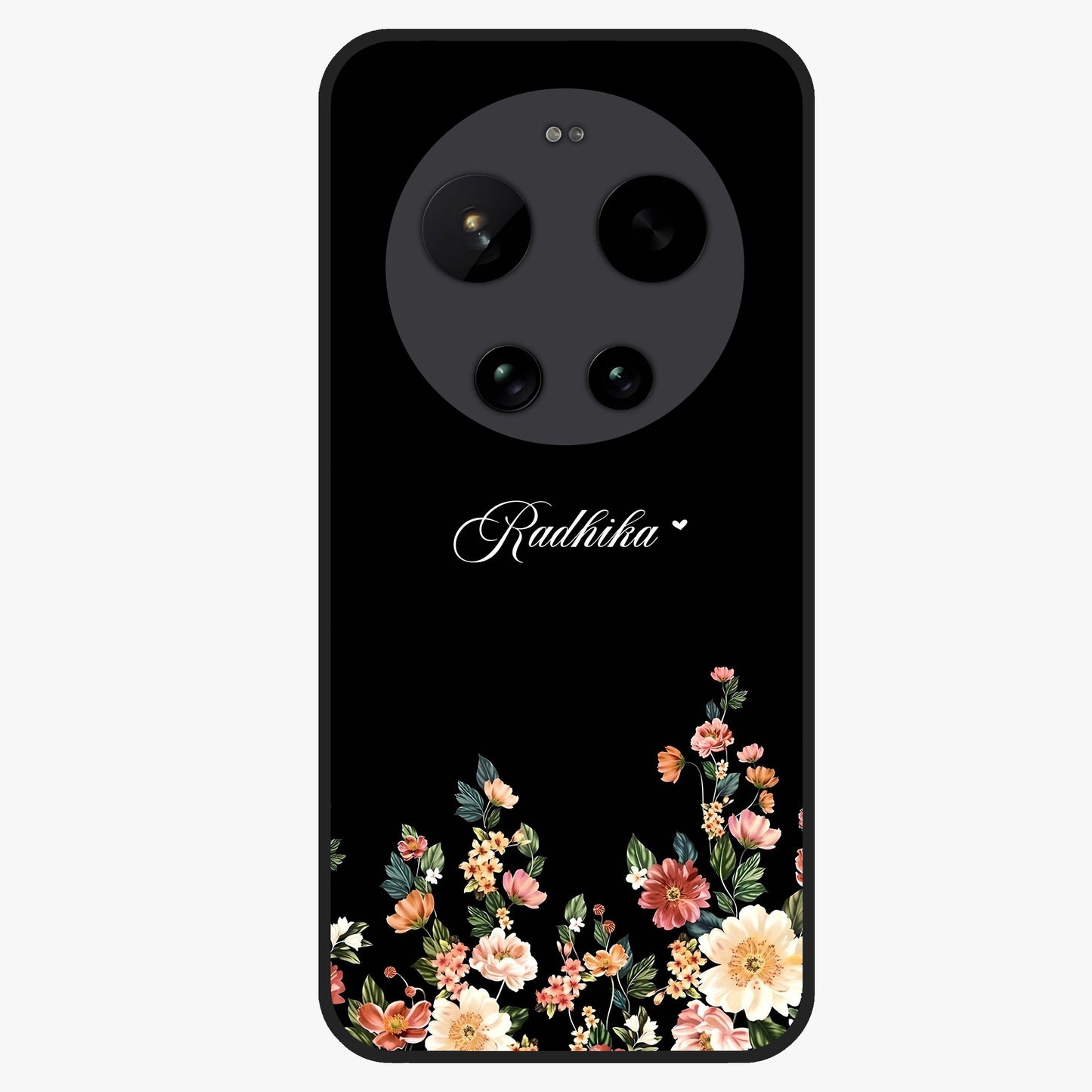 Floral Design With a Custom Personalized Name Glass Case showing flat back view with floral artwork and personalized name design.