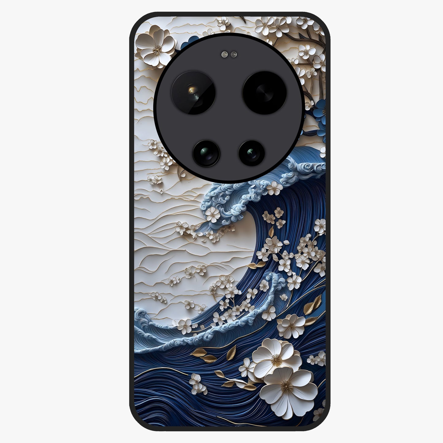 Floral Wave Origami Glass Case showing flat back view with origami inspired floral wave artwork and glossy glass finish.