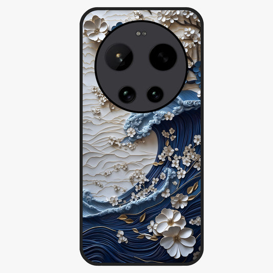 Floral Wave Origami Glass Case showing flat back view with origami inspired floral wave artwork and glossy glass finish.