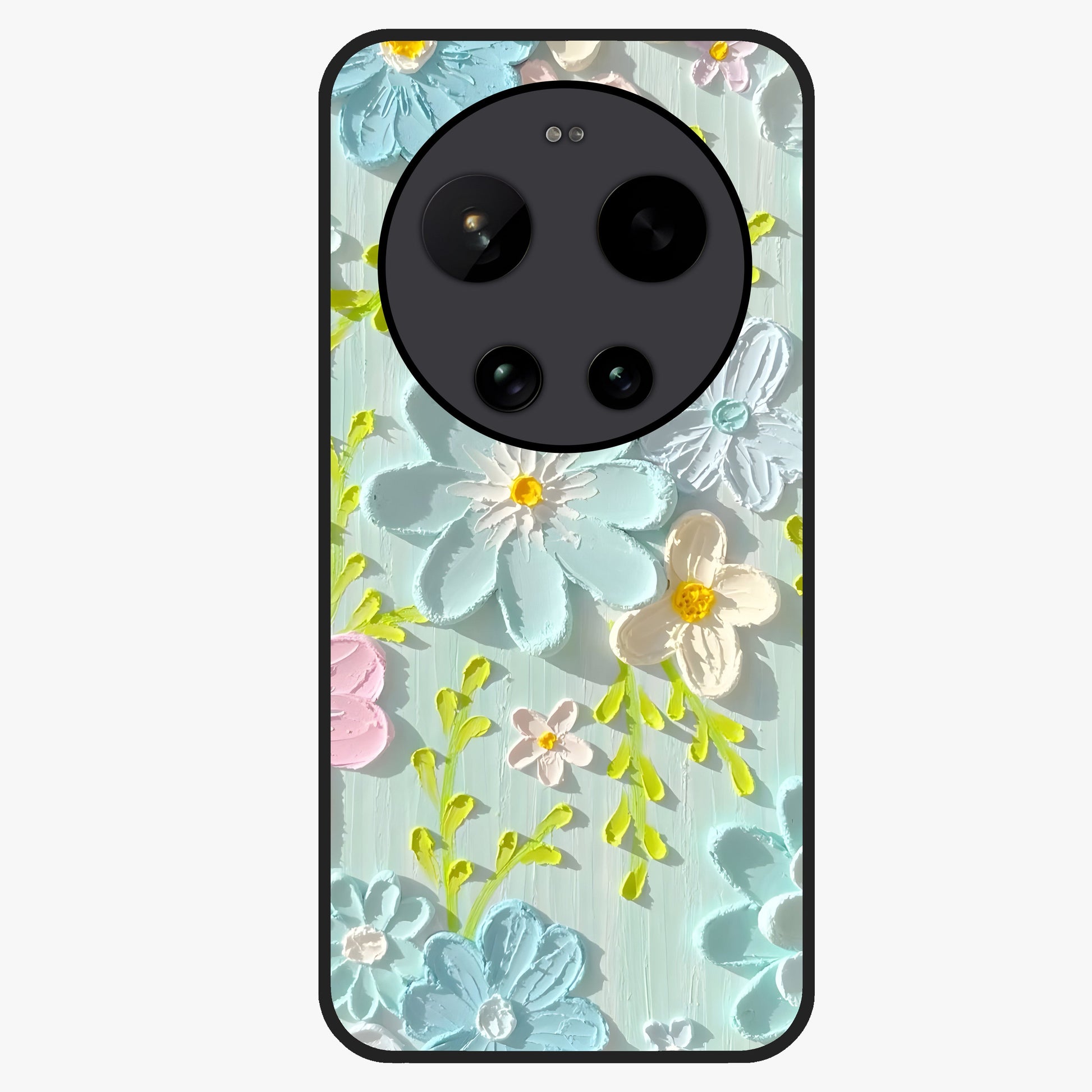Frosted Petal Garden Glass Case showing flat back view with soft frosted floral artwork and glossy glass finish.