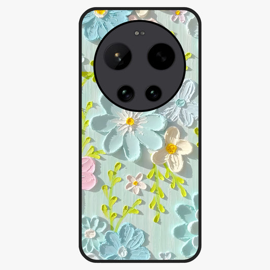 Frosted Petal Garden Glass Case showing flat back view with soft frosted floral artwork and glossy glass finish.