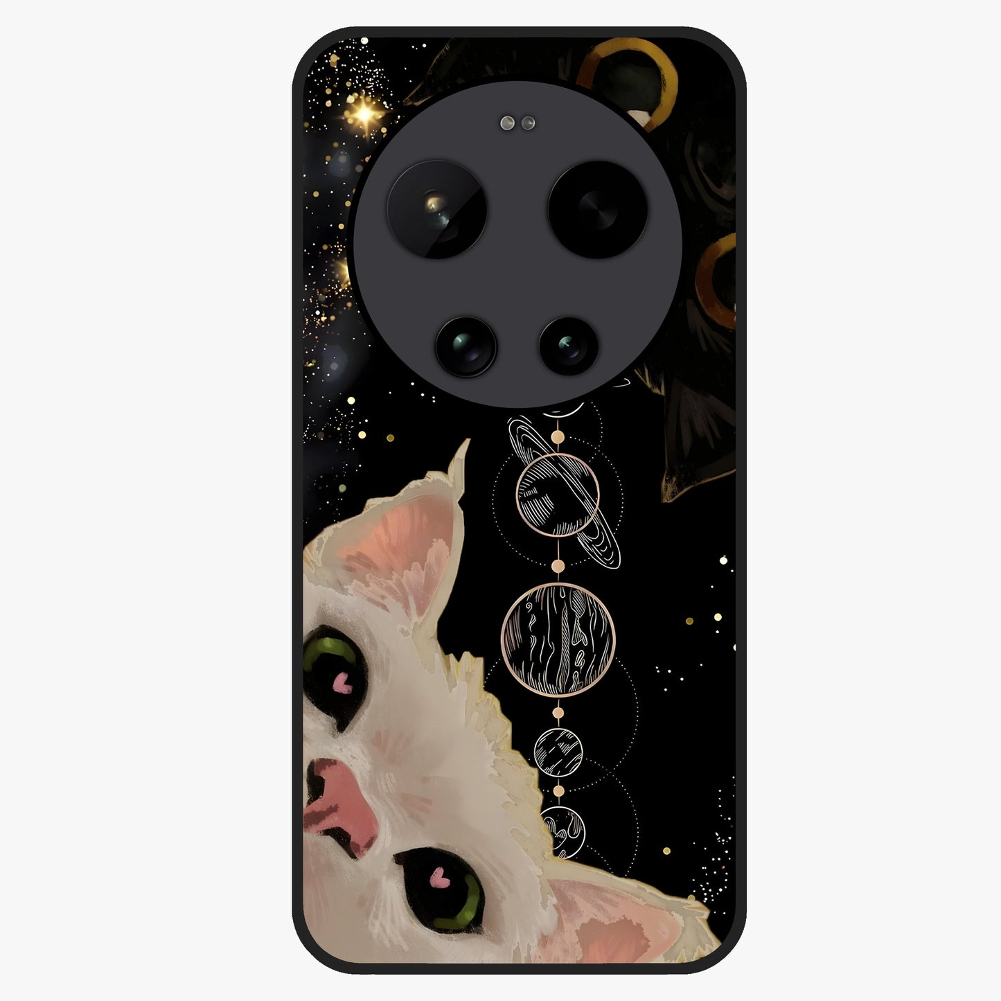 Galactic Cat Glass Case showing flat back view with cosmic cat artwork and glossy glass finish.