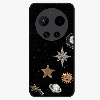 Galactic Charm Glow Glass Case showing flat back view with glowing celestial charm artwork and glossy glass finish.