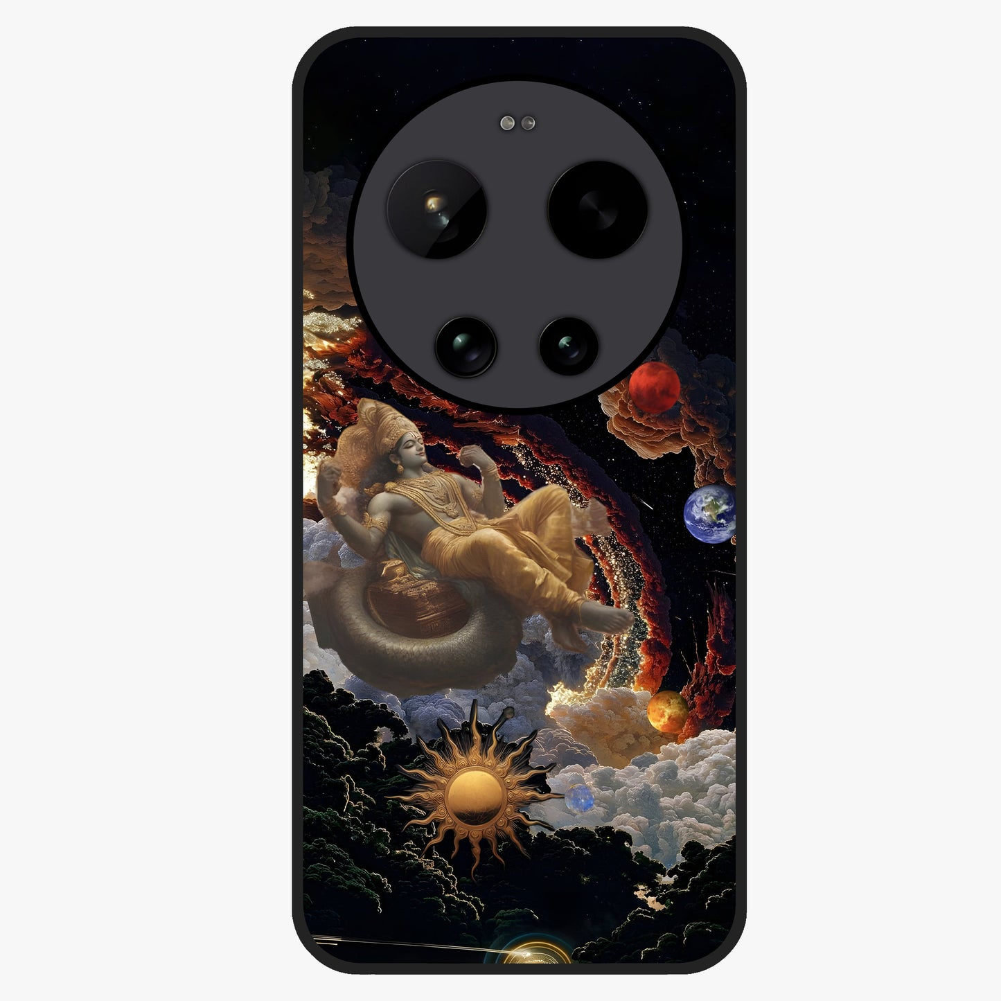 Galactic Divine God Glass Case showing flat back view with divine cosmic themed artwork and glossy glass finish.