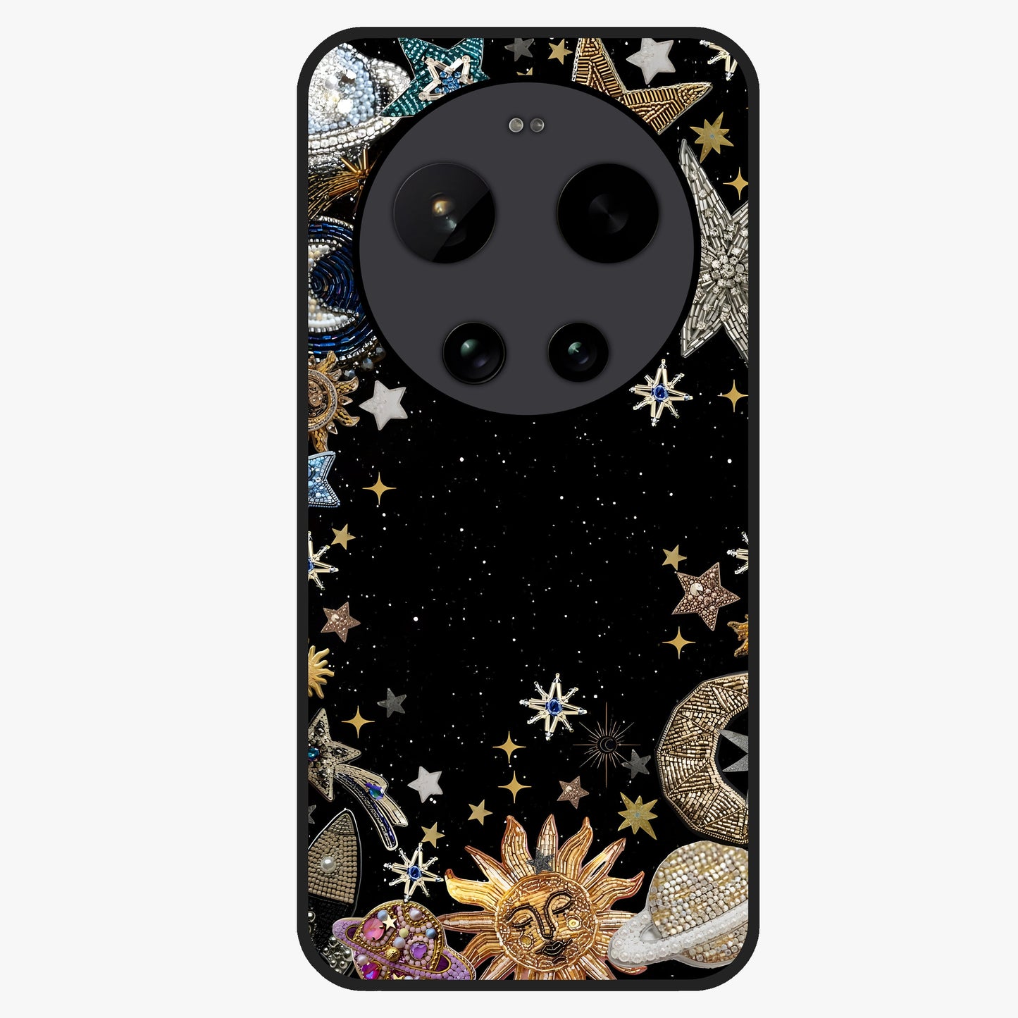 Galactic Jewel Stars Glass Case showing flat back view with sparkling star jewel artwork and glossy glass finish.