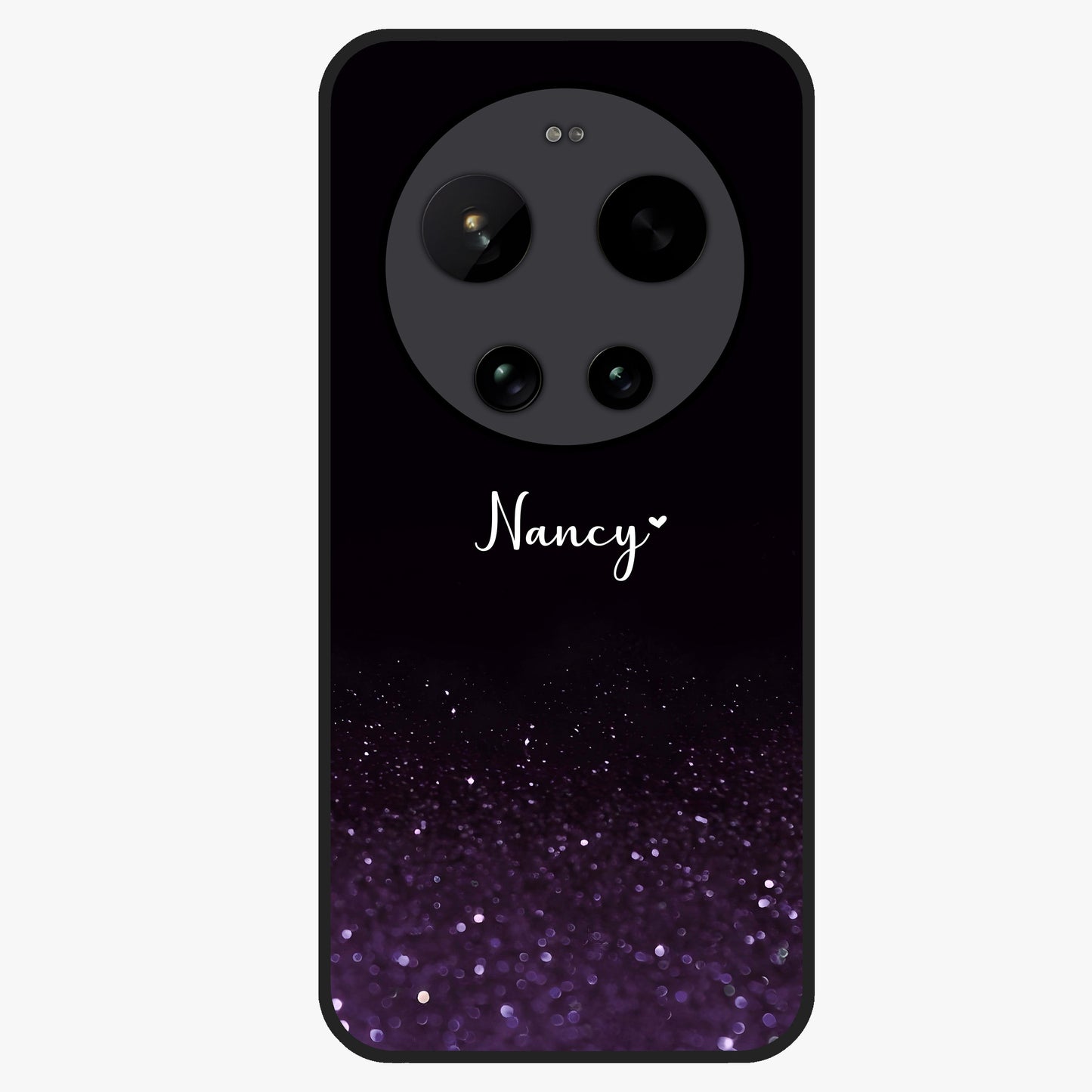 Glittery Purple Bokeh Custom Name Glass Case showing flat back view with purple bokeh sparkle artwork and personalized name design.