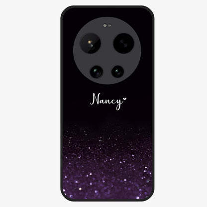 Glittery Purple Bokeh Custom Name Glass Case showing flat back view with purple bokeh sparkle artwork and personalized name design.