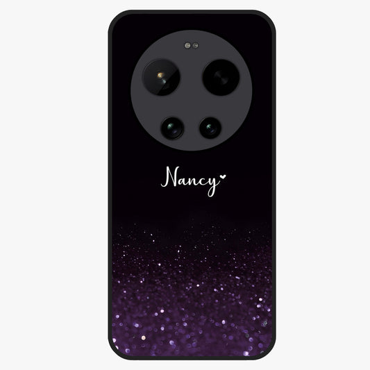 Glittery Purple Bokeh Custom Name Glass Case showing flat back view with purple bokeh sparkle artwork and personalized name design.