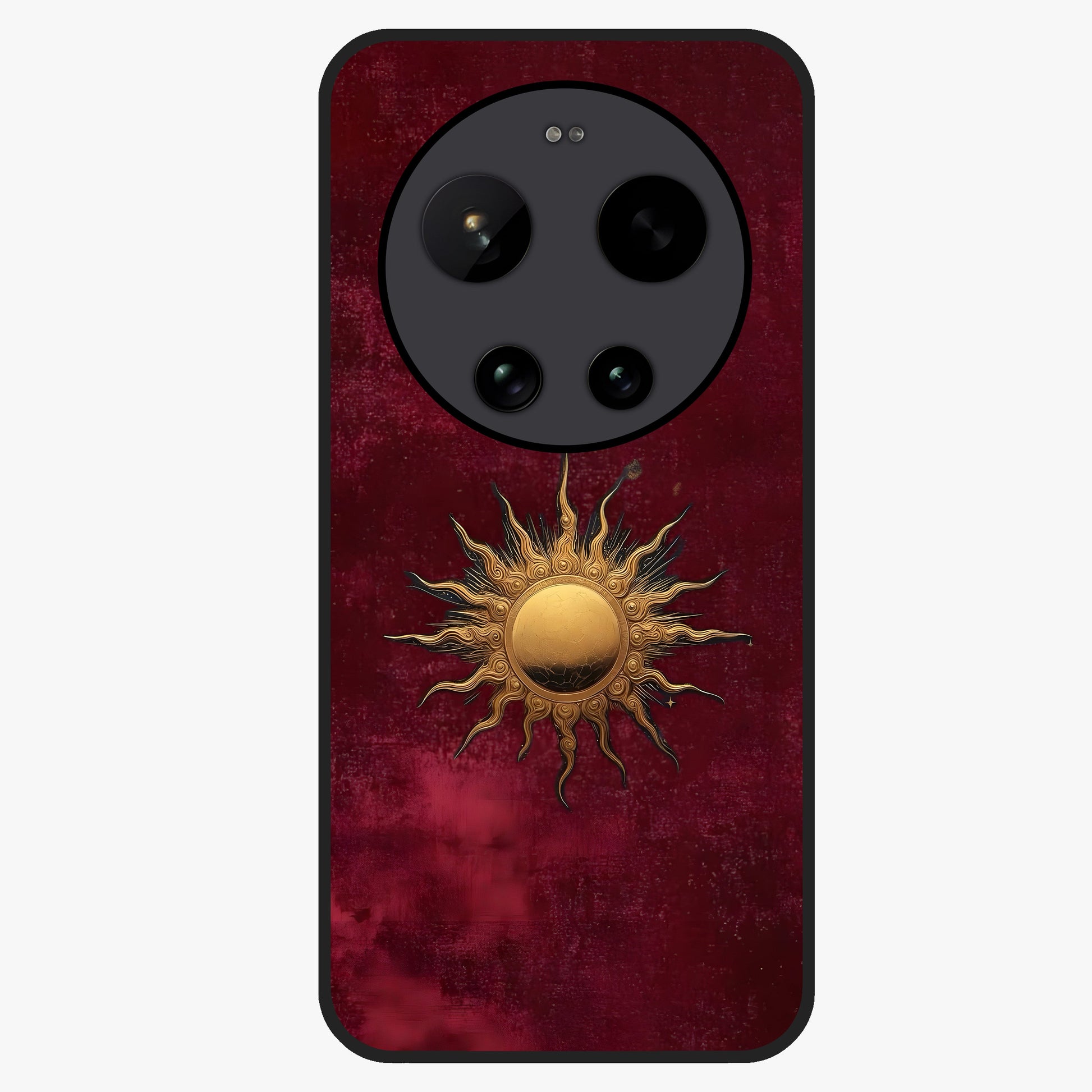 Gold Sun Blush Glass Case showing flat back view with golden sun inspired artwork and glossy glass finish.