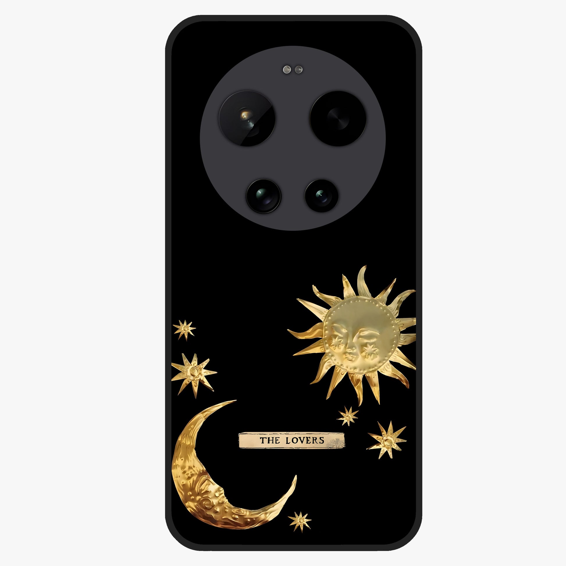 Golden Celestial Charm Glass Case showing flat back view with golden celestial charm artwork and glossy glass finish.