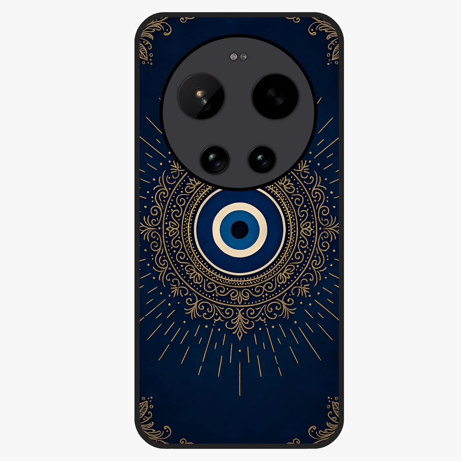 Golden Evil Eye Mandala Glass Case showing flat back view with intricate evil eye mandala artwork and glossy glass finish.