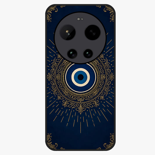 Golden Evil Eye Mandala Glass Case showing flat back view with intricate evil eye mandala artwork and glossy glass finish.