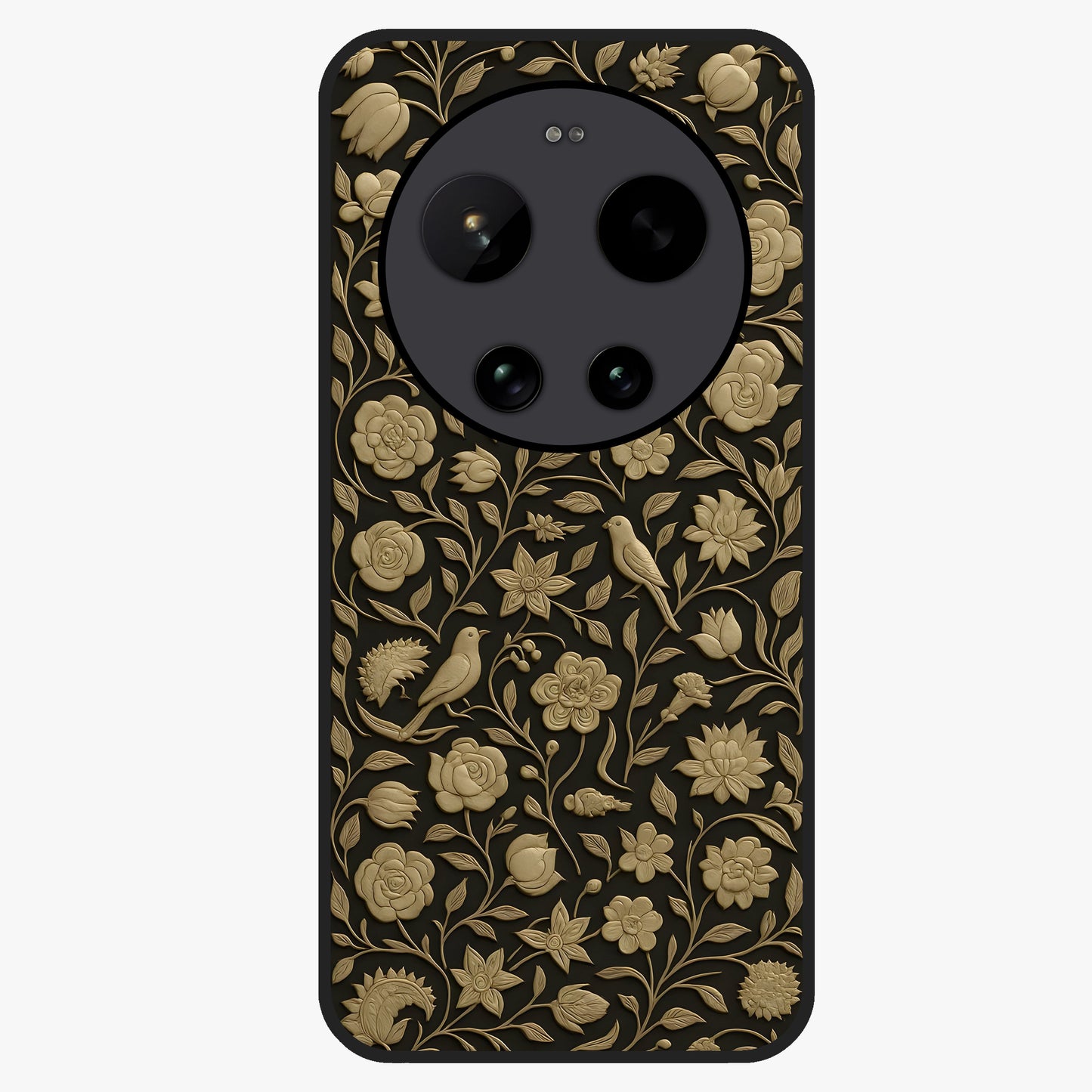 Golden Floral Majesty Glass Case showing flat back view with luxurious golden floral artwork and glossy glass finish.