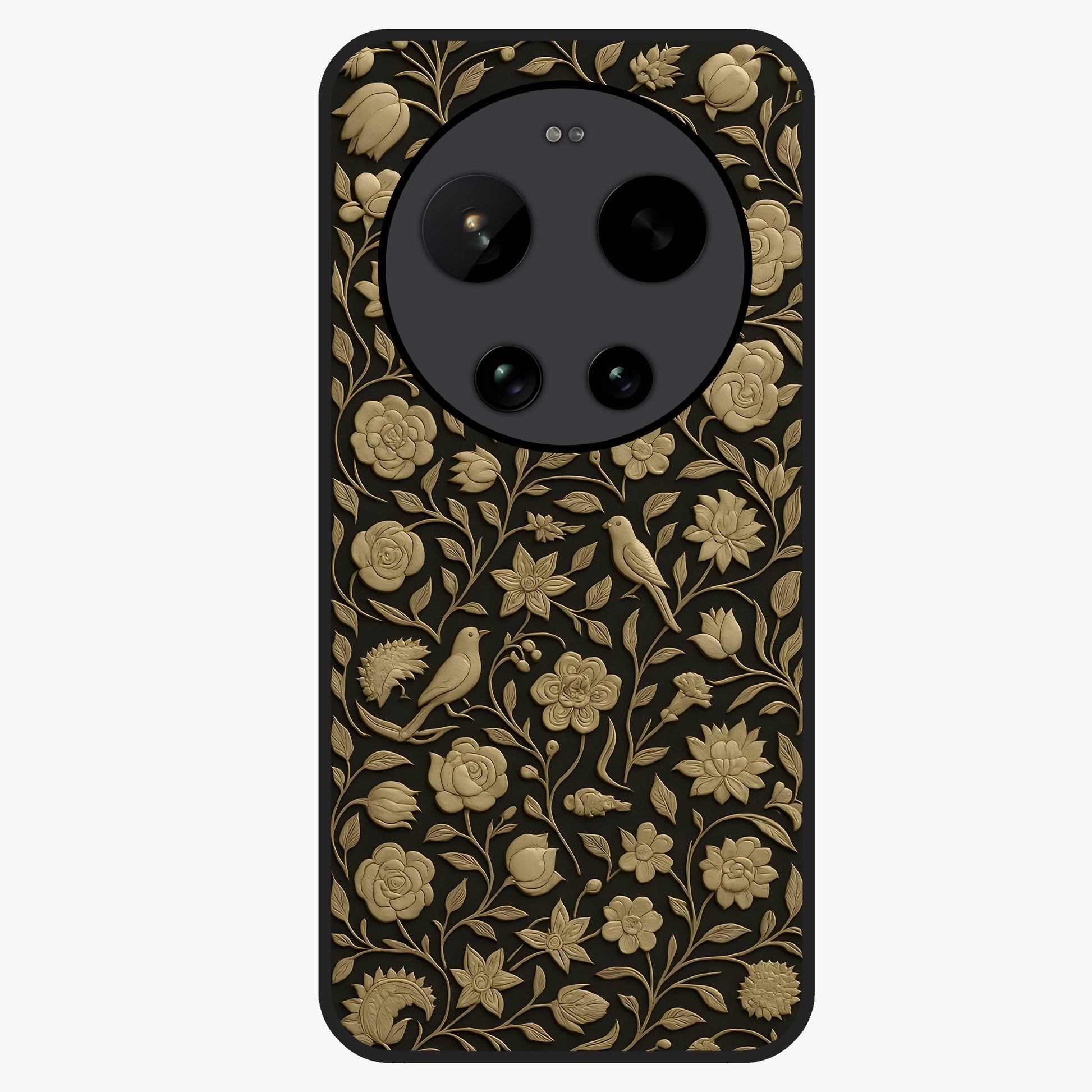 Golden Floral Majesty Glass Case showing flat back view with luxurious golden floral artwork and glossy glass finish.