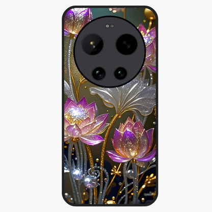 Golden Lotus Glow Glass Case showing flat back view with glowing lotus flower artwork and glossy glass finish.