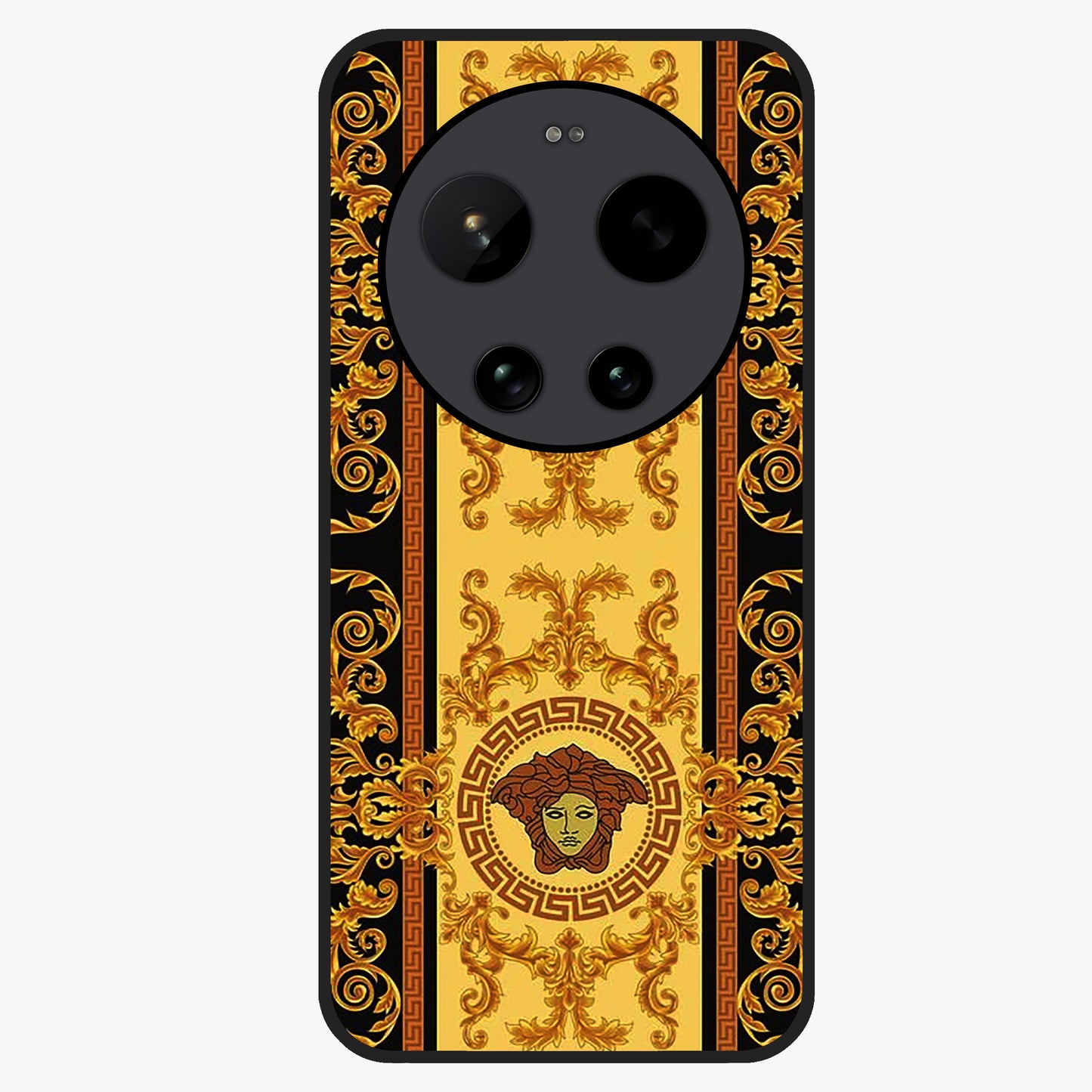 Golden Royal Heritage Glass Case showing flat back view with ornate royal pattern artwork and glossy glass finish.