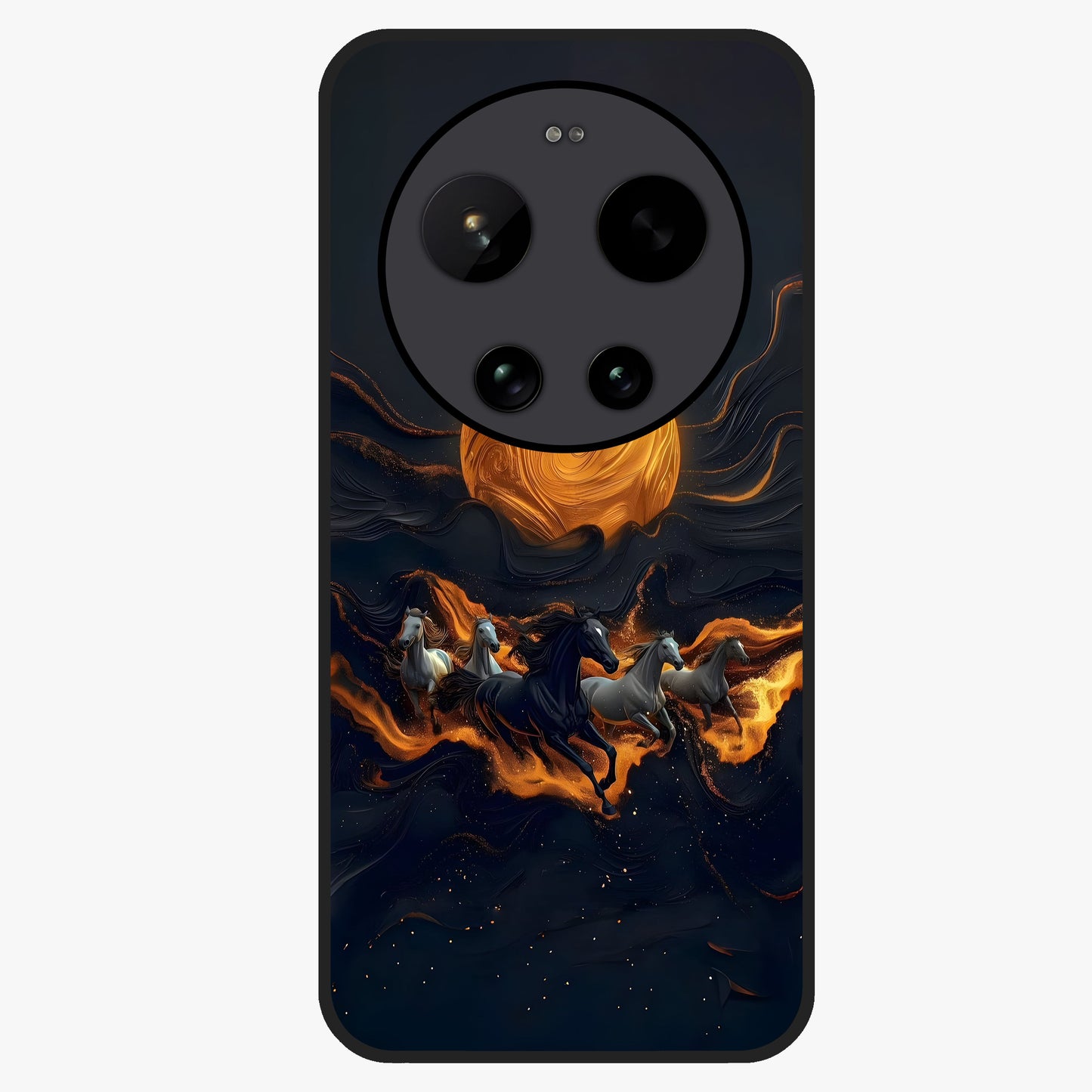 Golden Stallion Moonride Glass Case showing flat back view with majestic horse under moonlight artwork and glossy glass finish.