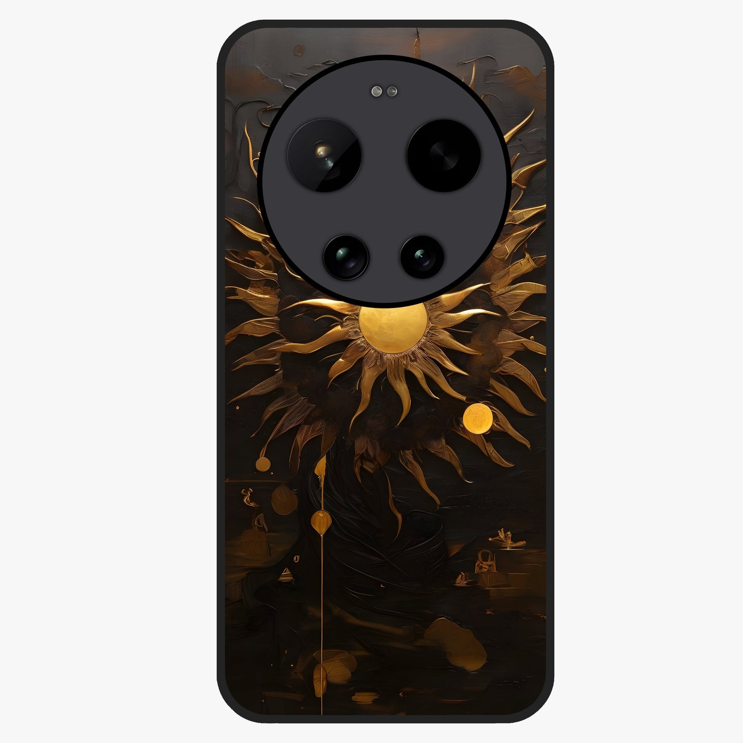 Golden Sun Majesty Glass Case showing flat back view with radiant golden sun artwork and glossy glass finish.
