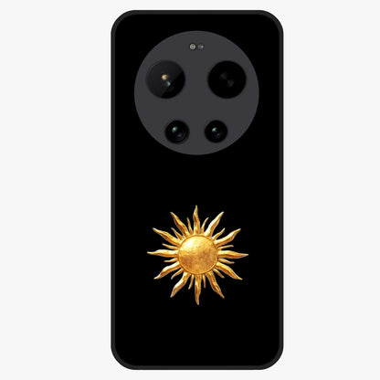 Golden Sun Minimalism Glass Case showing flat back view with minimal golden sun artwork and glossy glass finish.