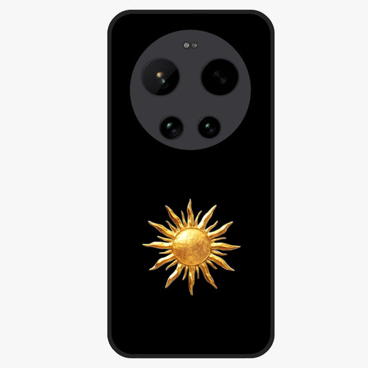 Golden Sun Minimalism Glass Case showing flat back view with minimal golden sun artwork and glossy glass finish.