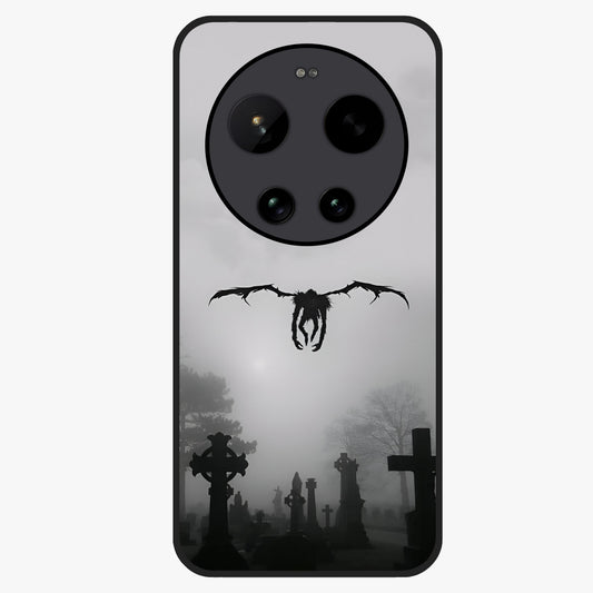Graveyard Shadow Descent Glass Case showing flat back view with dark graveyard themed artwork and glossy glass finish.