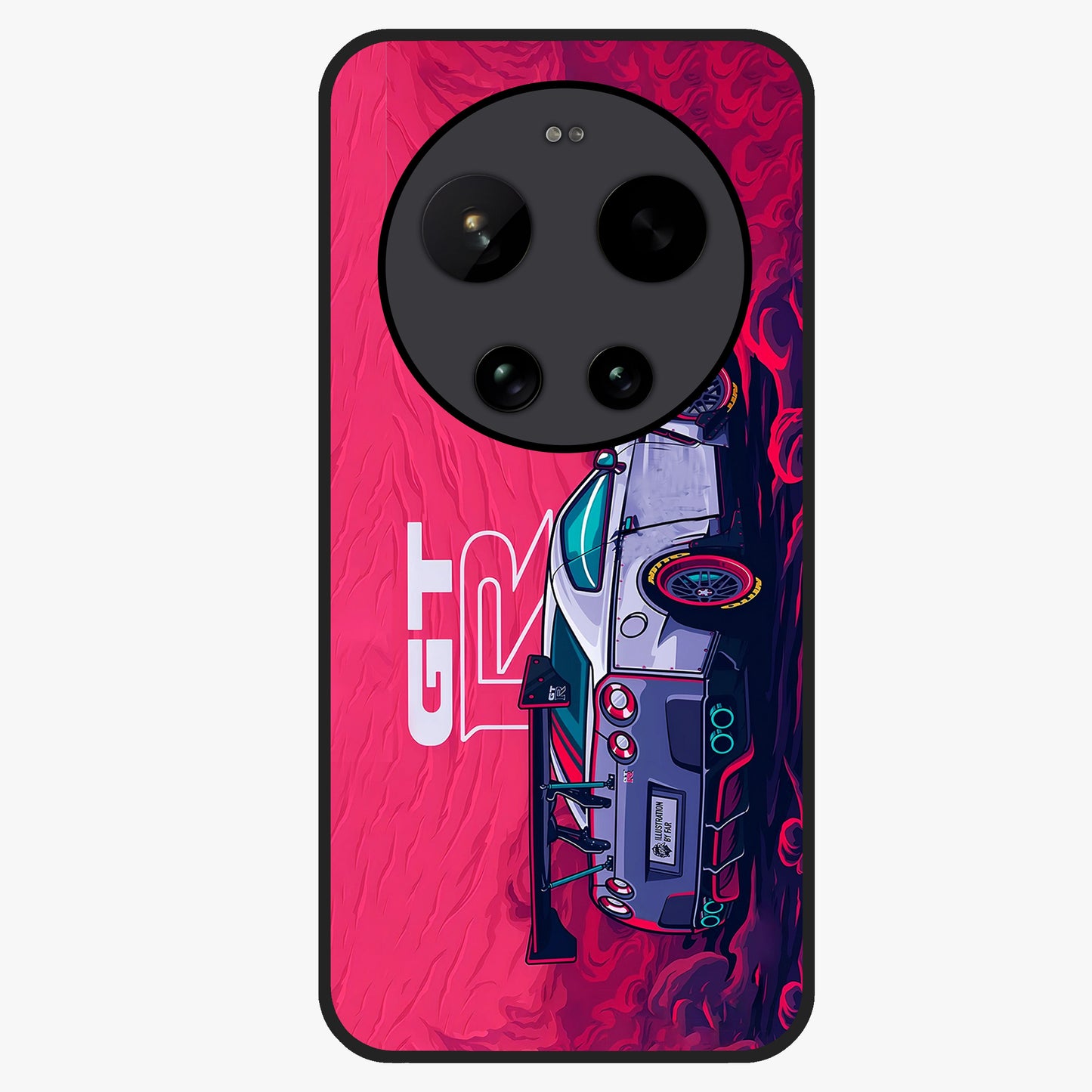 GT-R Car Pattern Glass Case showing flat back view with sporty car inspired pattern artwork and glossy glass finish.