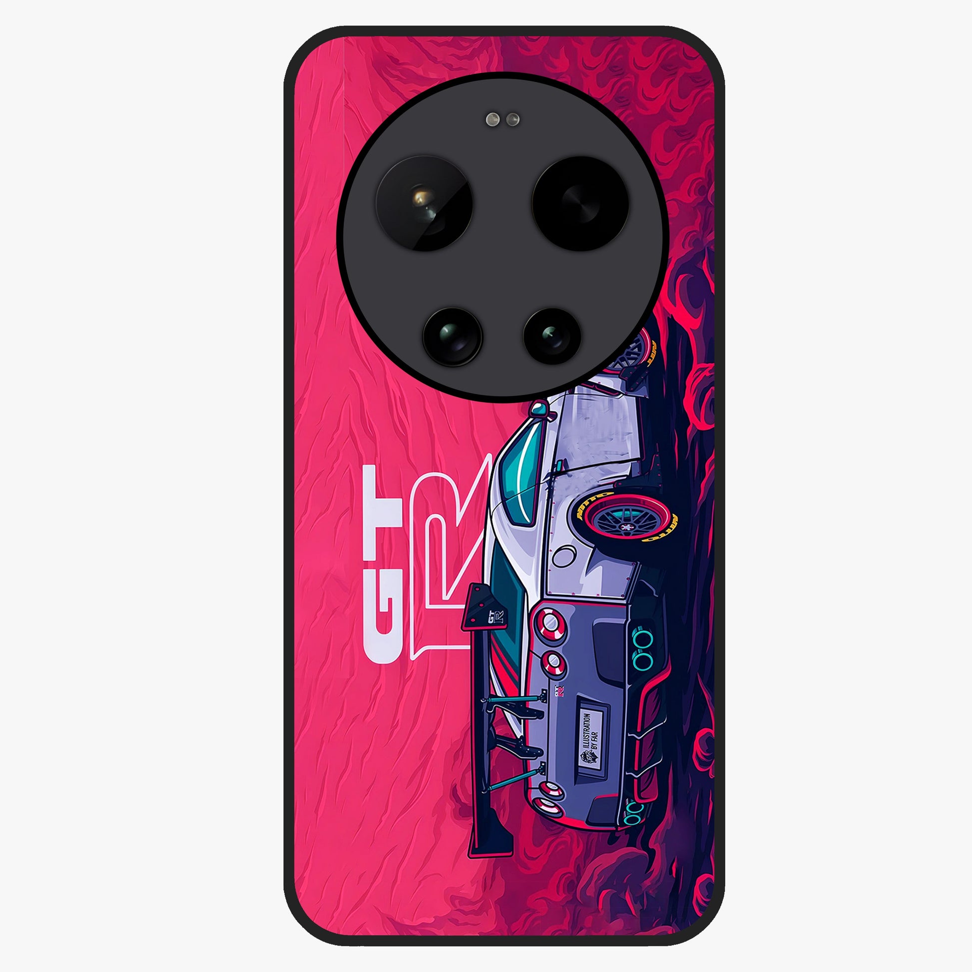 GT-R Car Pattern Glass Case showing flat back view with sporty car inspired pattern artwork and glossy glass finish.