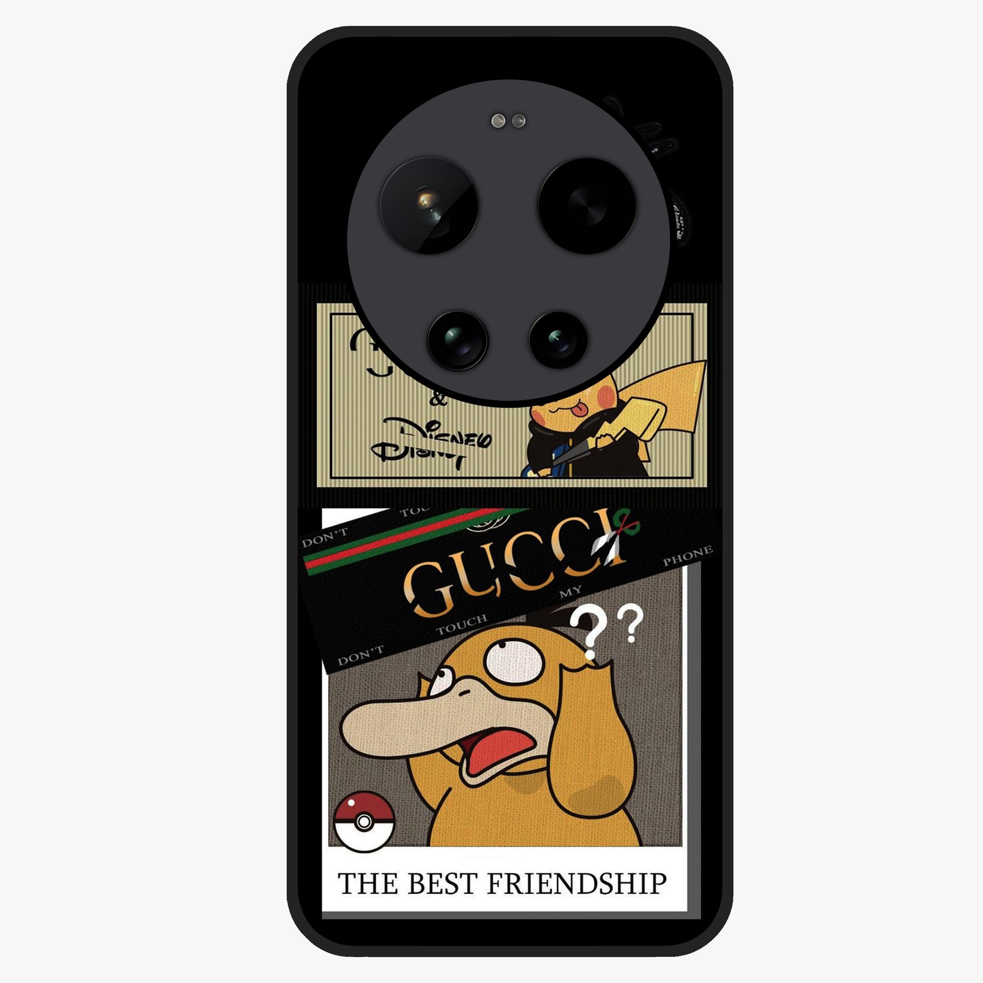 Gucci Play Mashup Glass Case showing flat back view with luxury inspired graphic artwork and glossy glass finish.