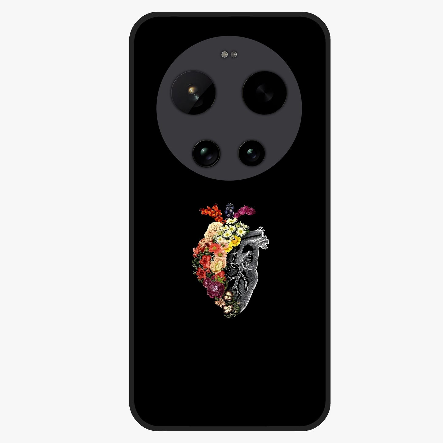 Heart With Flowers Glass Case showing flat back view with heart shaped floral artwork and glossy glass finish.
