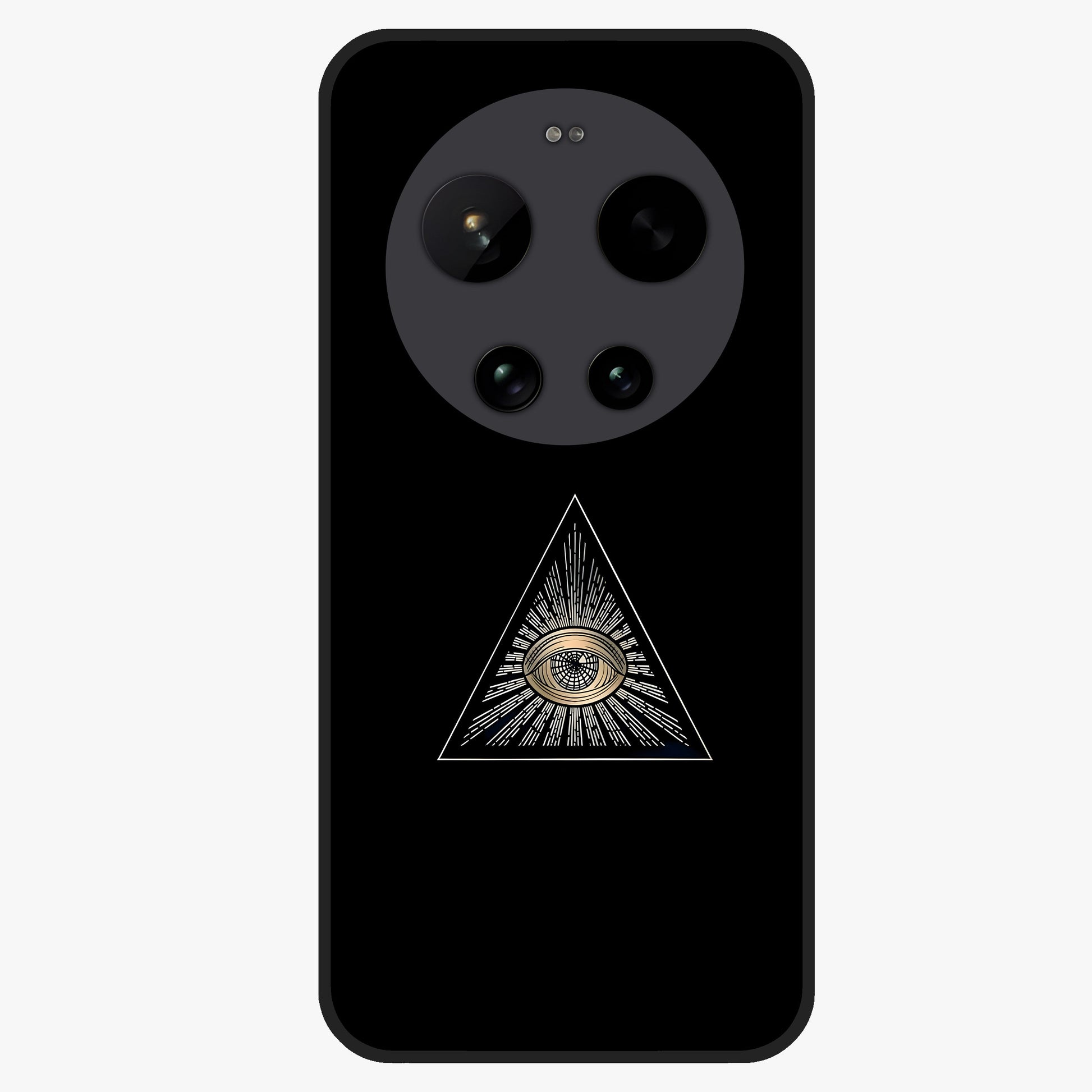 Illuminati Evil Glass Case showing flat back view with mysterious illuminati symbol artwork and glossy glass finish.