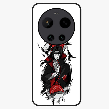 Itachi Sharingan Glass Case showing flat back view with powerful anime eye artwork and glossy glass finish.